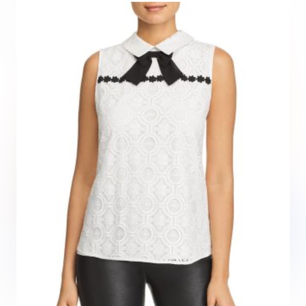 Karl Lagerfeld White Lace Sleeveless Blouse with Black Bow